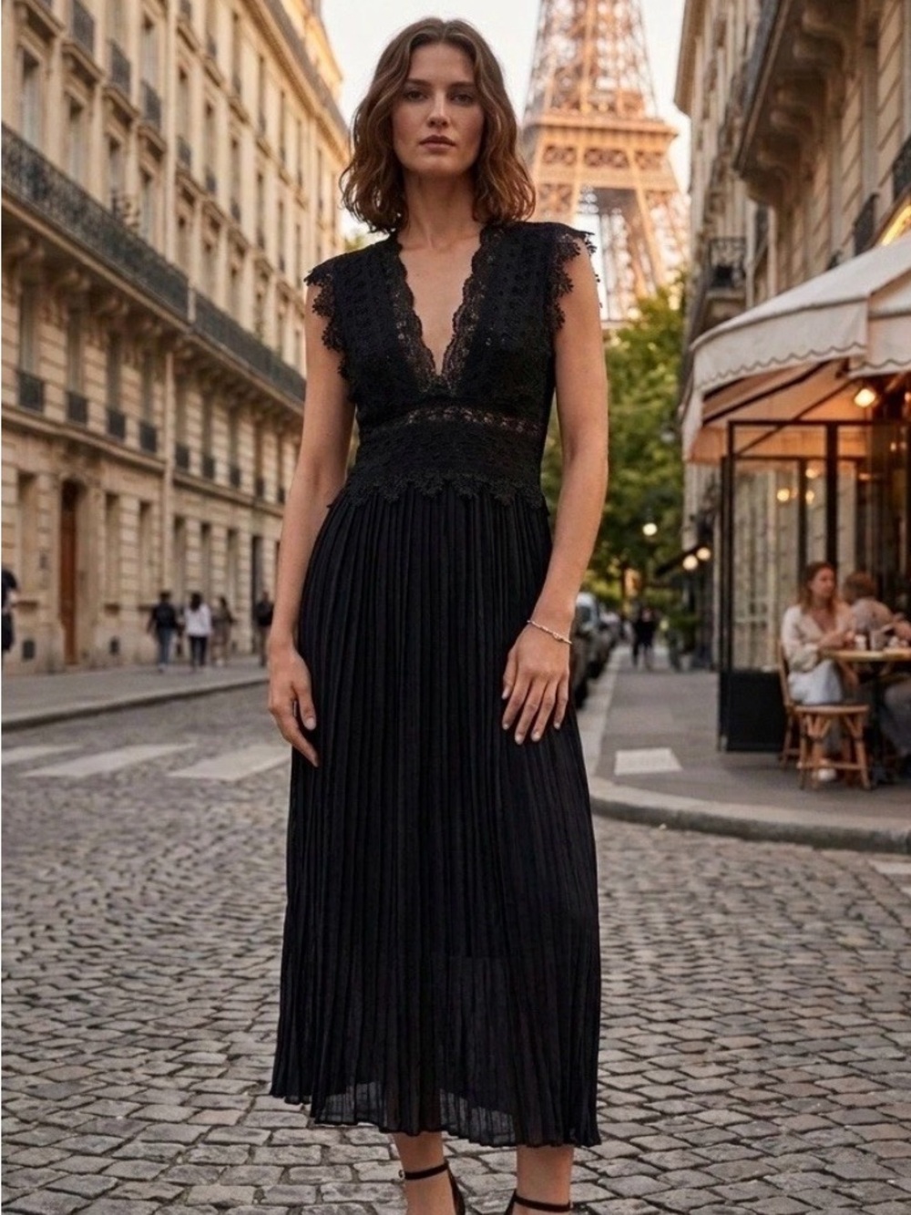 Zara Black Lace V-Neck Pleated Midi Dress